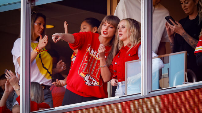 KANSAS CITY, MISSOURI - OCTOBER 22: Taylor Swift and Brittany Mahomes react during a game between the Los Angeles Chargers and Kansas City Chiefs at GEHA Field at Arrowhead Stadium on October 22, 2023 in Kansas City, Missouri. (Photo by David Eulitt/Getty Images)