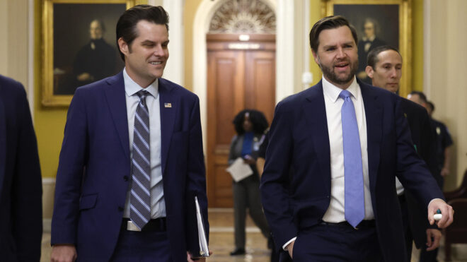 Former U.S. Rep. Matt Gaetz, R-Fla., left, was President-elect Donald Trump's nominee to be attorney general until his withdrawal with a House investigation report looming. He walks alongside Vice President-elect JD Vance as they arrive for meetings with senators at the U.S. Capitol on Nov. 20, 2024, in Washington, D.C., before his withdrawal. (Kevin Dietsch/Getty Images/TNS)