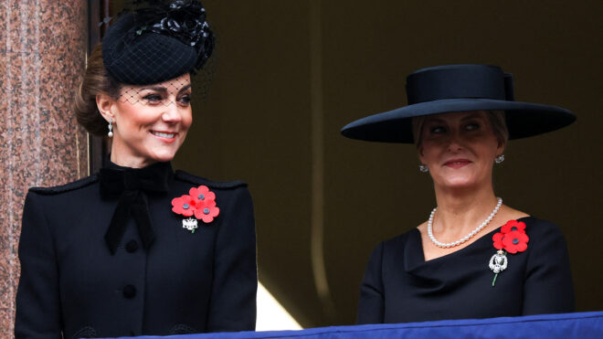 Catherine, Princess of Wales and Sophie, Duchess of Edinburgh react as they stand on a balcony the annual Service Of Remembrance at The Cenotaph on Nov. 10, 2024, in London, England. Each year members of the British Royal Family join politicians, veterans and members of the public to remember those who have died in combat. (Toby Melville/WPA Pool/Getty Images/TNS)